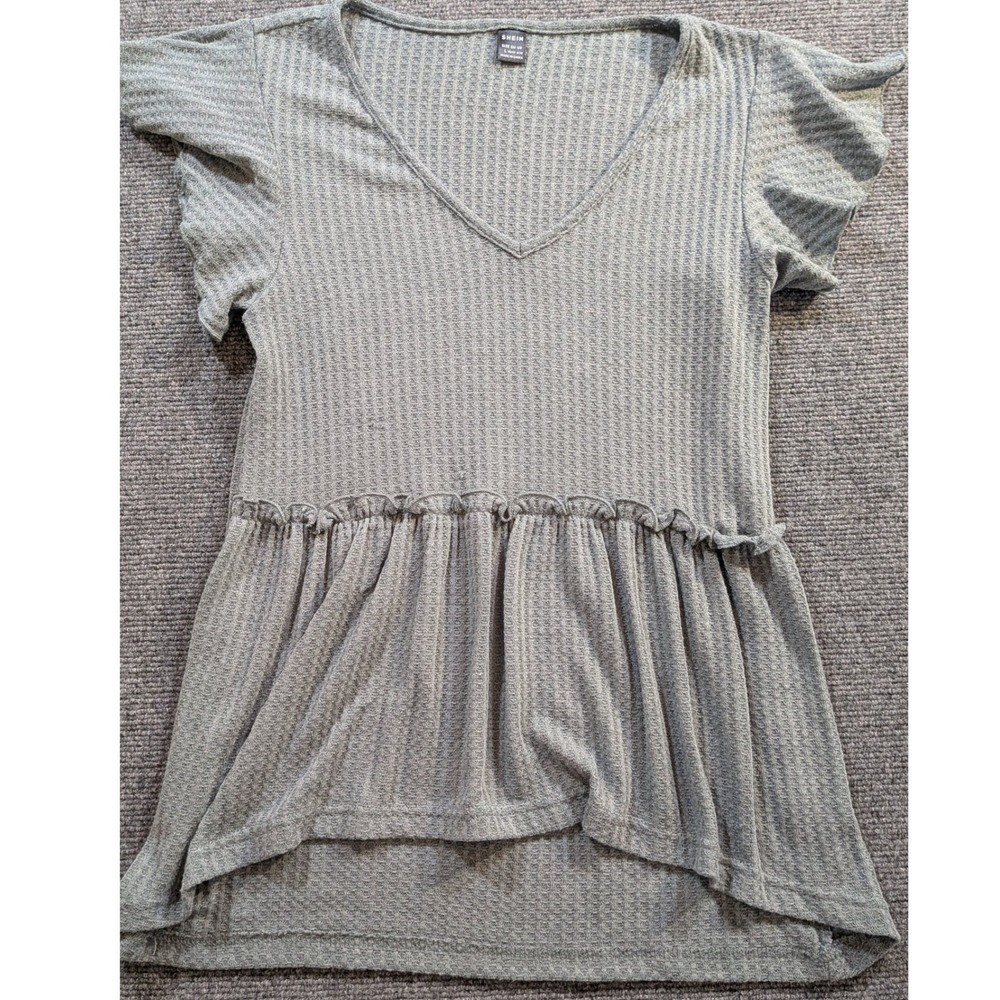 Waffle Knit Peplum Top Women Size Large V-Neck Ruffle Sleeve